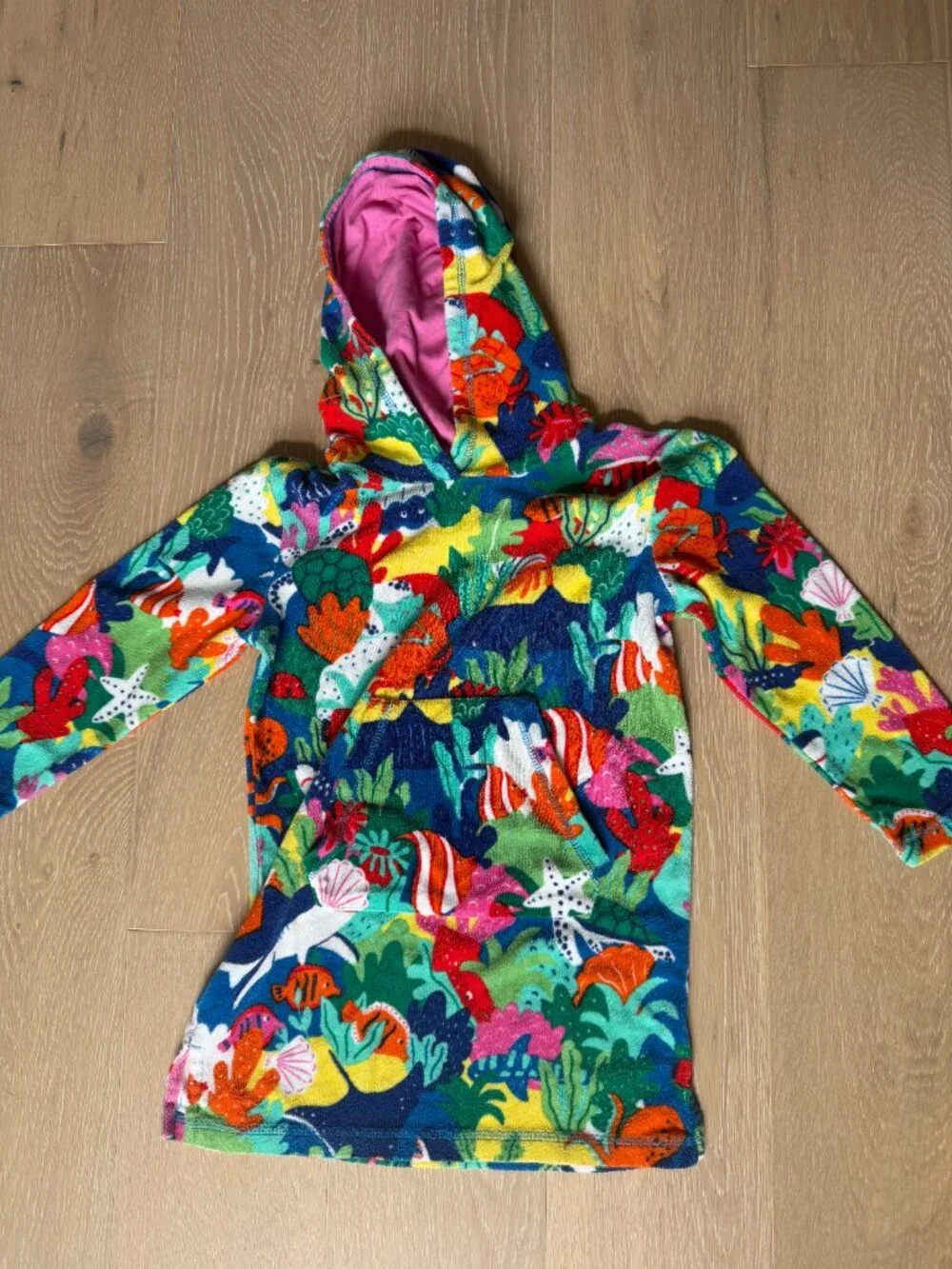 Boden Towelling Throw-On Hooded Ocean Reef Cover Up Beach Whimsical Blue - 6-7Y